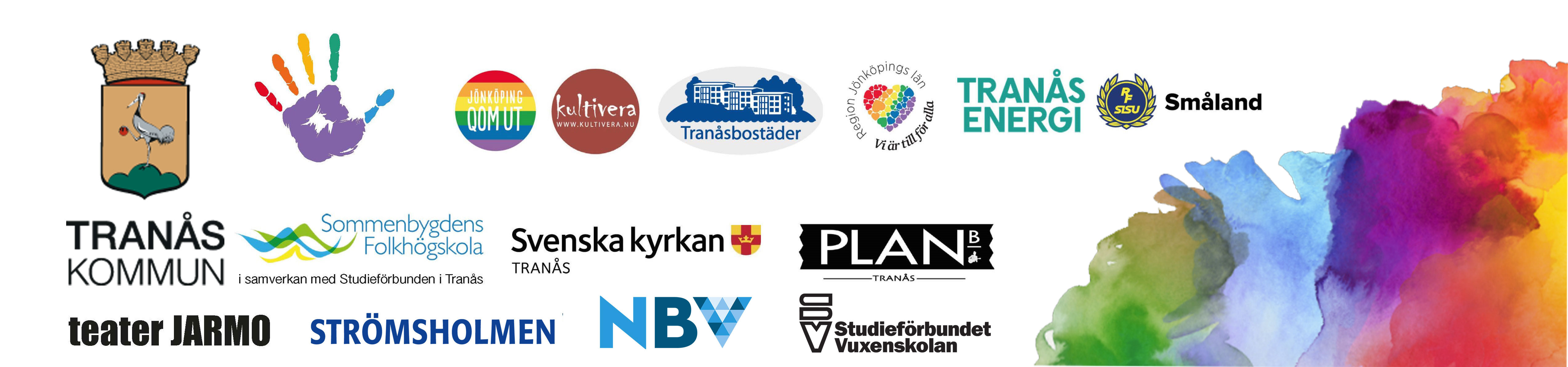 Flera olika logotyper på de som är med i samarbetet med Tranås Regnbågsvecka