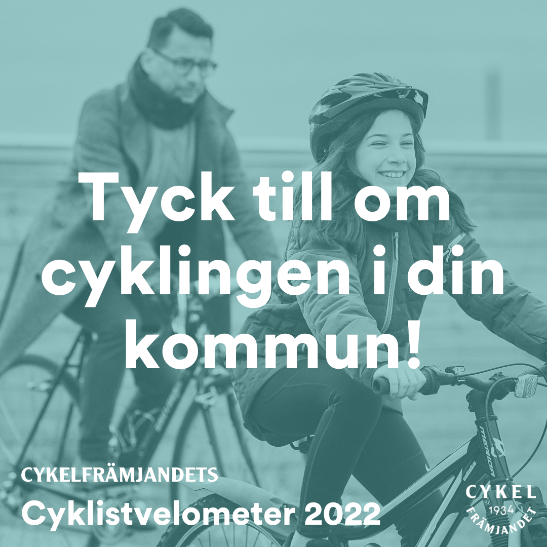 Bild på en cyklande man och flicka med uppmaningen att delta i Cyklistvelometern 2022. 