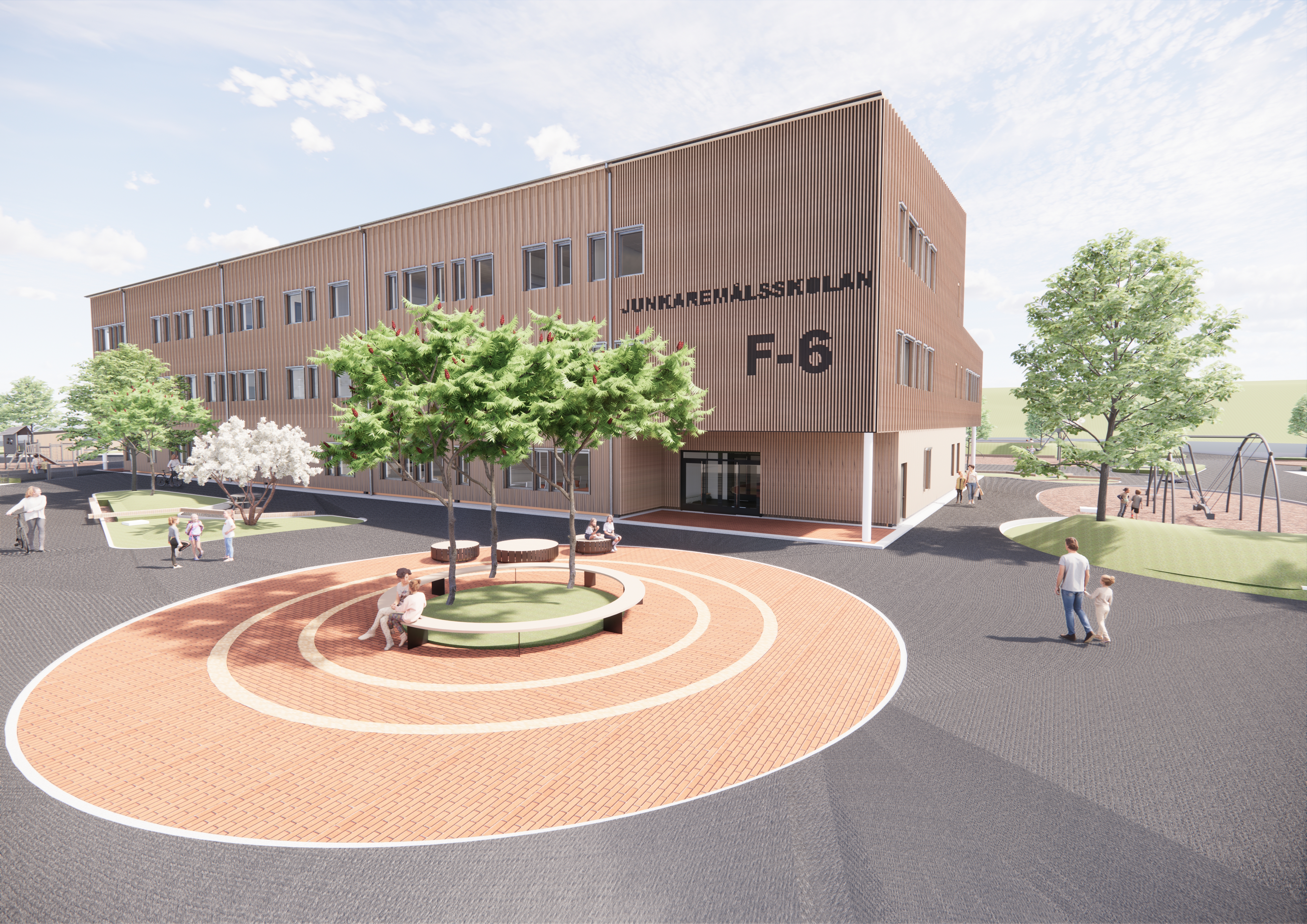 Skiss över Junkaremålsskolans nya byggnad, med huvudentrén i fokus.