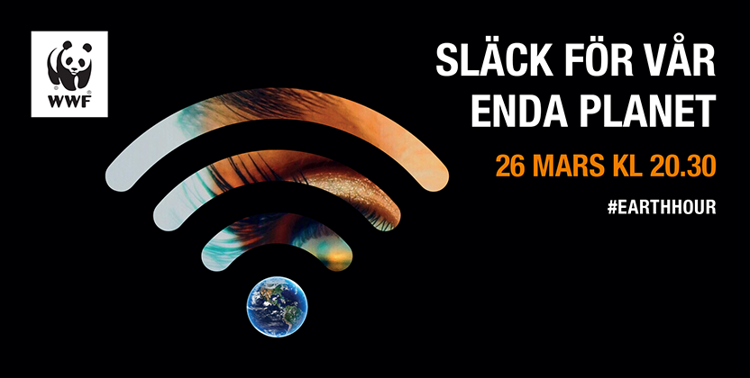 Banner med Världsnaturfondens logotyp och texten: Släck för vår enda planet. 26 mars kl. 20.30. #earthhour