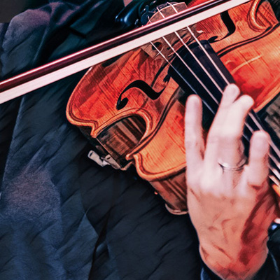 En närbild av en fiolspelare.